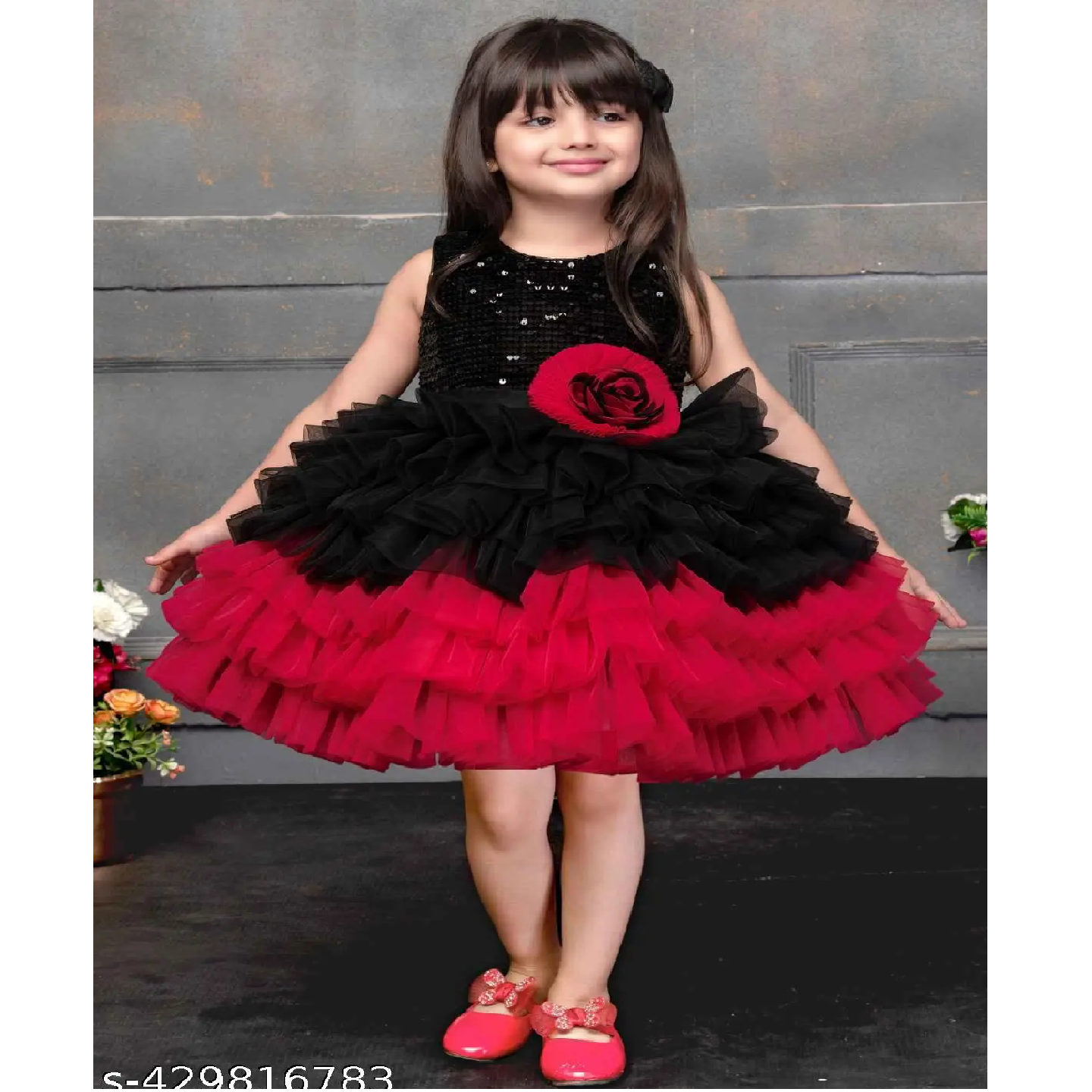 Black Red Ruffle Embellished net Girl Frock