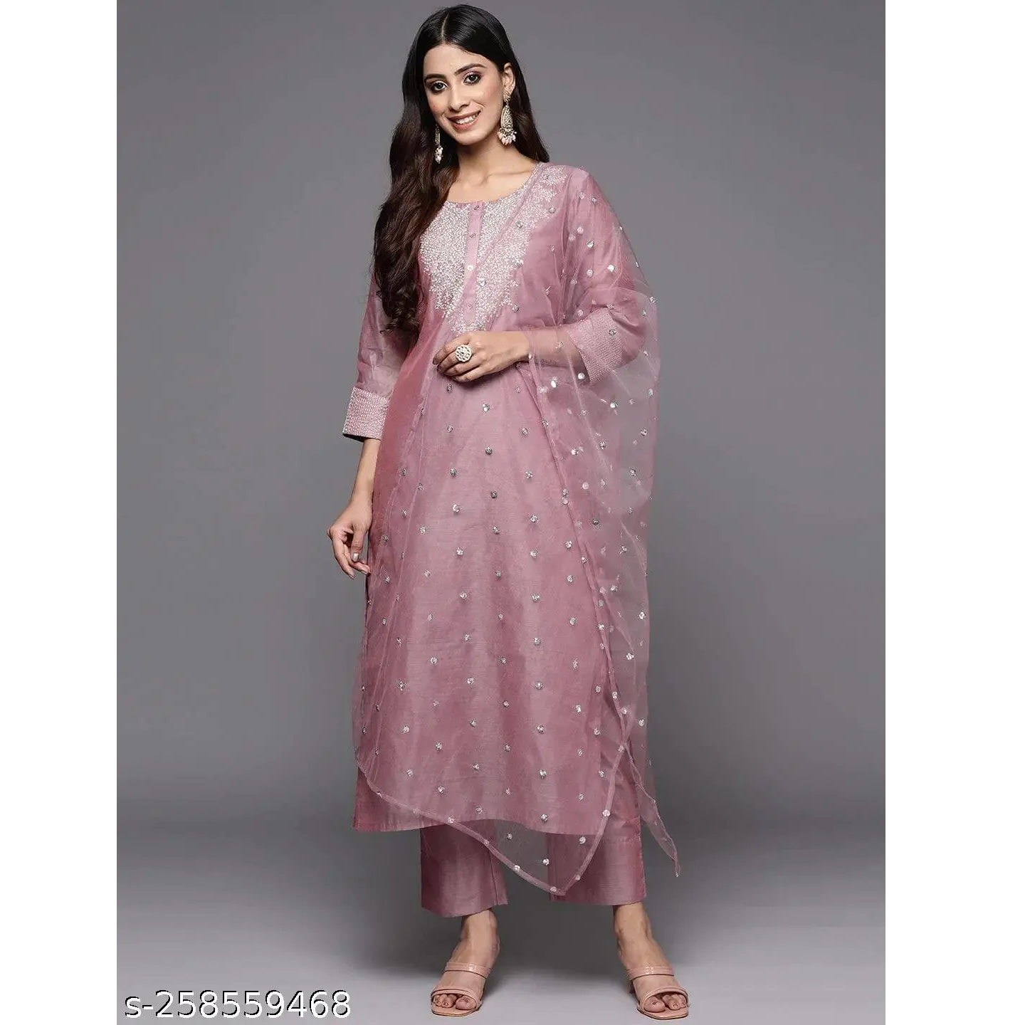 Baby Pink Embroidered Chnaderi Slik Straight Kurta Pant Dupatta Set
