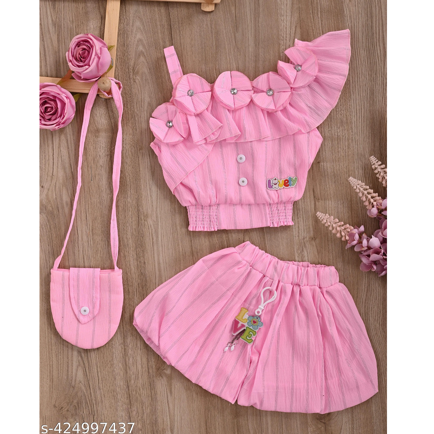 Baby Pink Disigner Solid Cotton Blend Baby Girl Dress With Bag