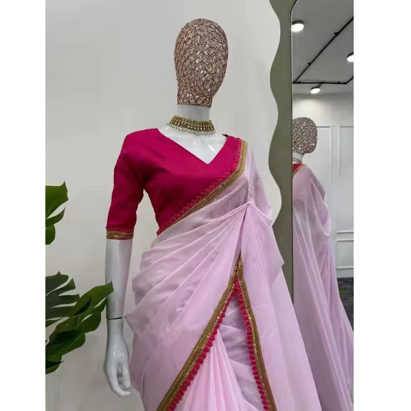 Baby Pink Solid Georgette Red Lace Saree