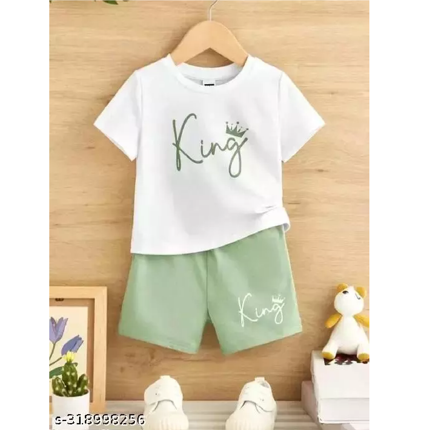 White Green Printed hosiery Cotton T-Shirts & Shorts For Kids