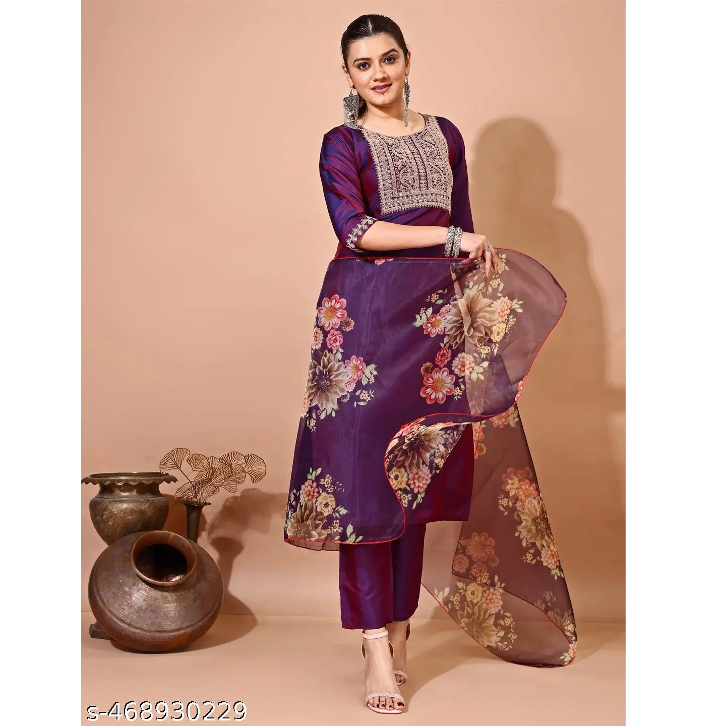 Purple Coding Embroidered Art Slik Straight Kurta Pant Dupatta Set