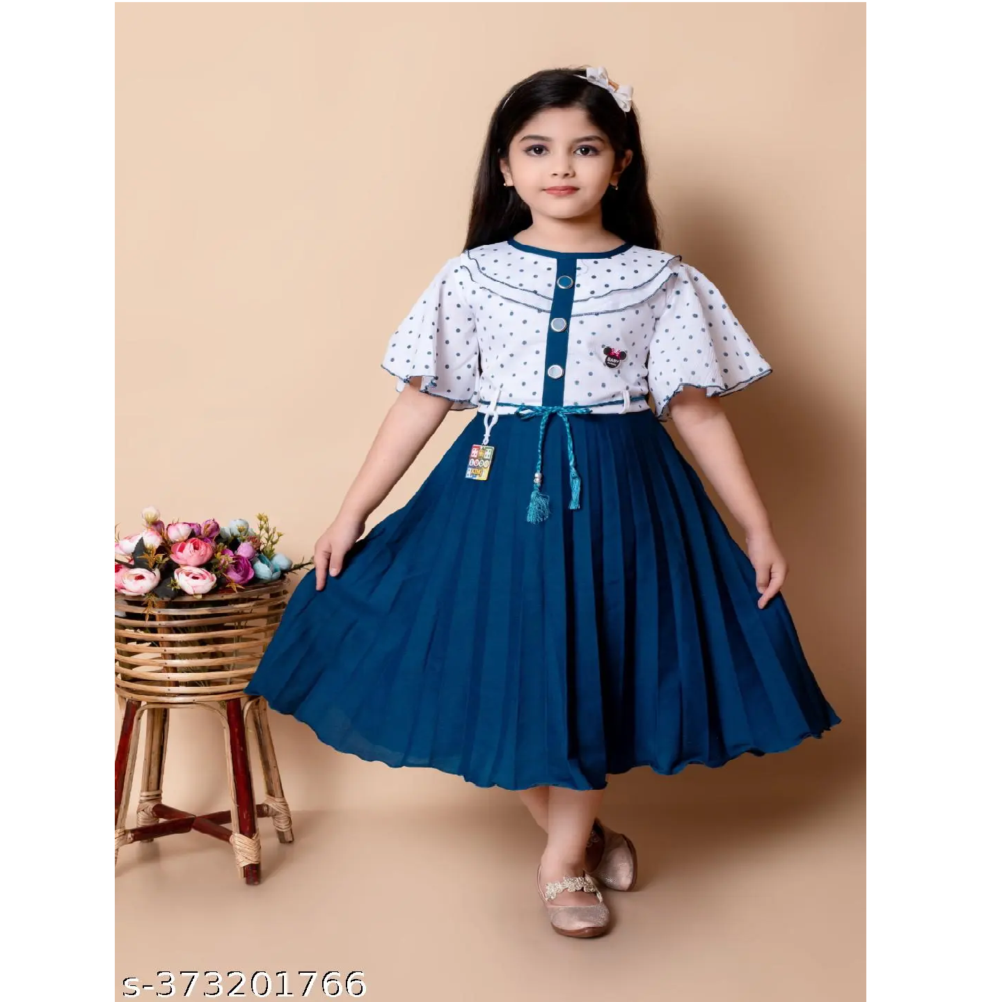 Blue Printed Solid Cotton Blend Baby Girl Frock