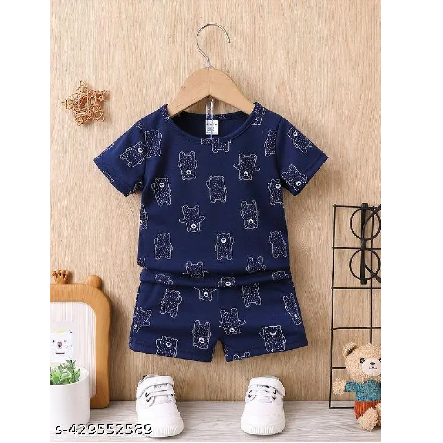 Navy Blue Printed hosiery Cotton Cord Set For Kids