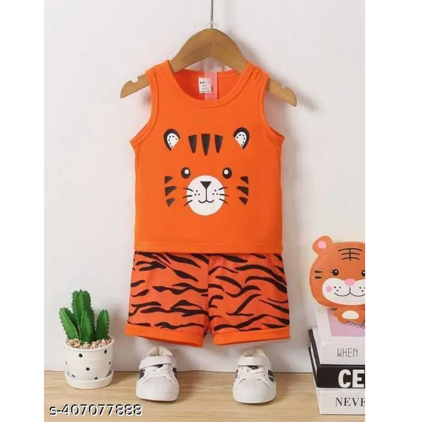 Orange Printed Hosiery Cotton T-Shirts & Shorts For Kids
