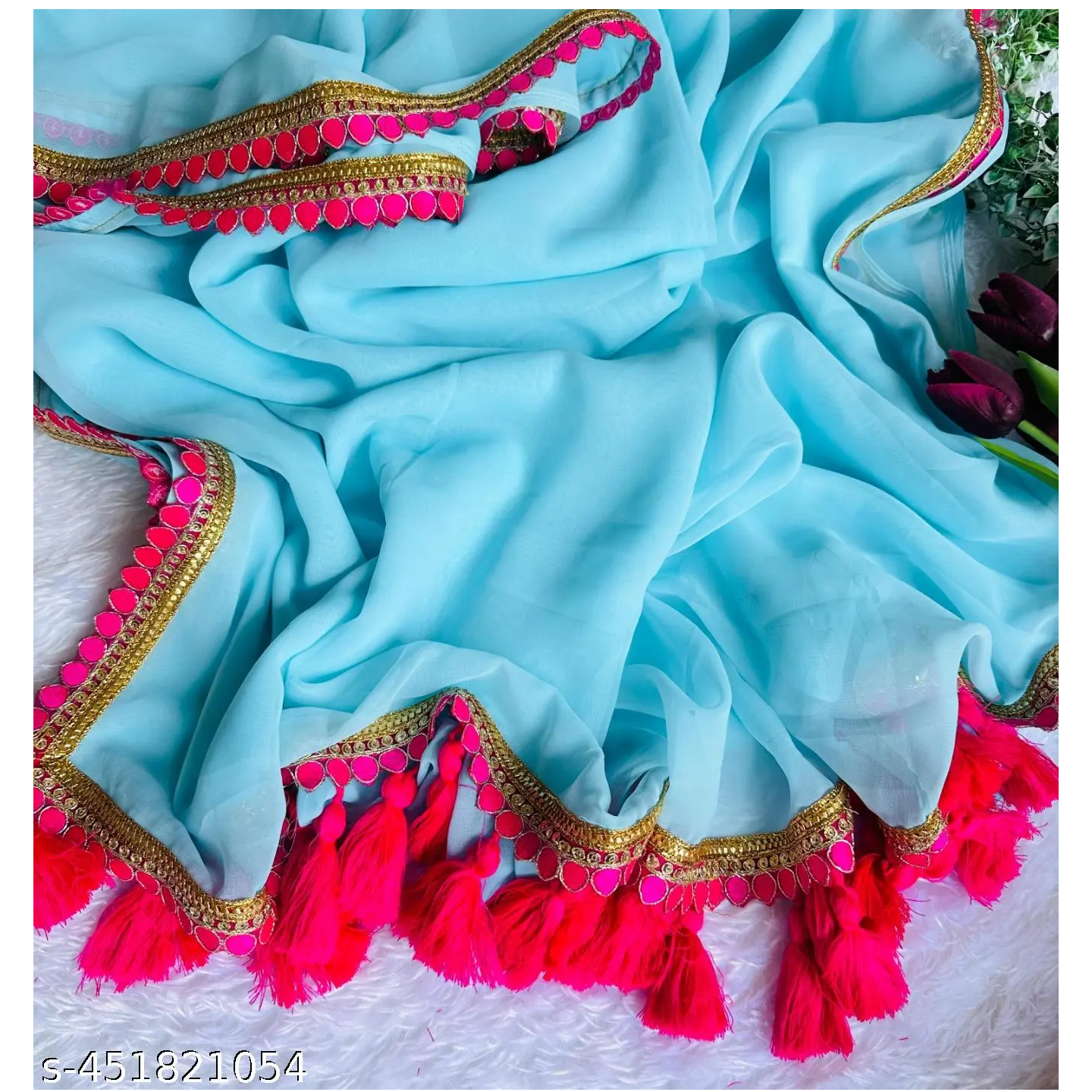 Light Blue Solid Georgette Red Lace Saree