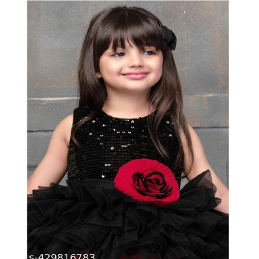 Black Red Ruffle Embellished net Girl Frock