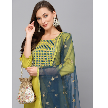 Parrot Green Straight Embroidered Cotton Blend Stitched Kurta Pant Dupatta Set