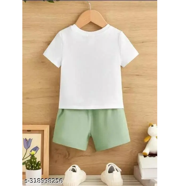 White Green Printed hosiery Cotton T-Shirts & Shorts For Kids