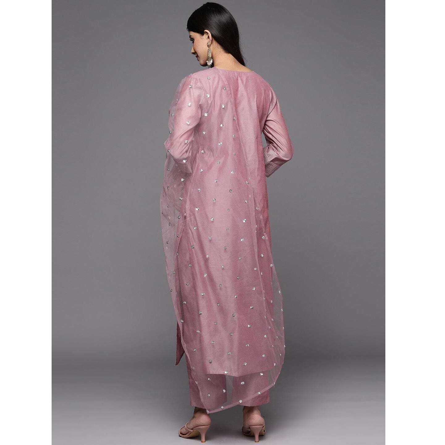 Baby Pink Embroidered Chnaderi Slik Straight Kurta Pant Dupatta Set