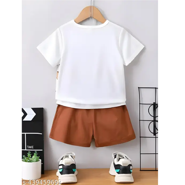 White Brown Printed Hosiery Cotton T-Shirts & Shorts For Kids