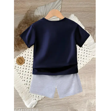 Navy Blue Printed Cotton Blend T-Shirts & Shorts For Kids