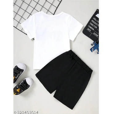 White Black Printed Cotton T-Shirts & Shorts For Kids