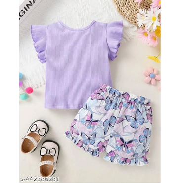 Purple Printed Cotton Top and Skirt Set