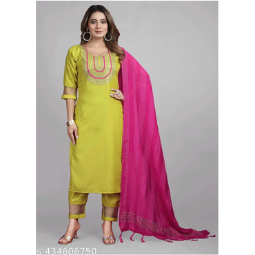 Parrot Yellow Embroidered Rayon Slub Straight Stitched Kurta Pant Dupatta Set