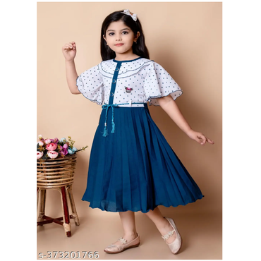 Blue Printed Solid Cotton Blend Baby Girl Frock