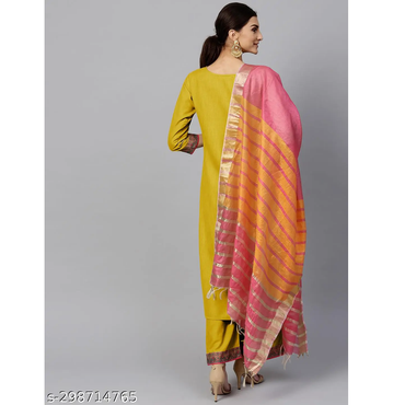 Yellow Solid Cotton Straight Kurta Palazzos Dupatta Set