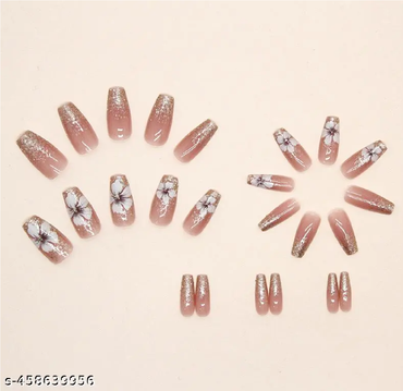 Elegant Floral Glitter Press-On Nails – Nude & Gold Sparkle False Nails with White Flowers