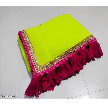 Mint Yellow Solid Georgette Red Lace Saree