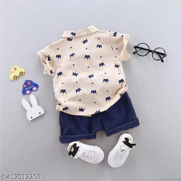Beige Navy Printed Cotton Blend T-Shirts & Shorts For Kids