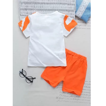 White Orange Printed Hosiery Cotton T-Shirts & Shorts For Kids