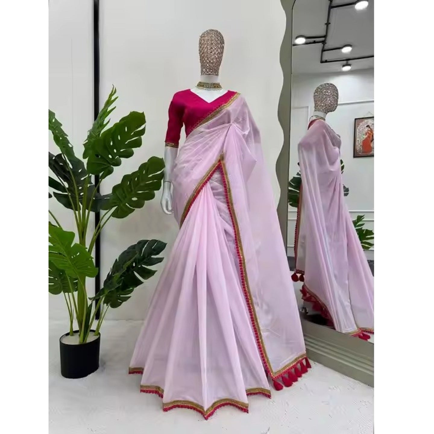 Baby Pink Solid Georgette Red Lace Saree