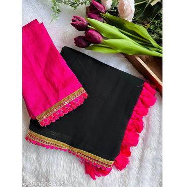 Black Solid Georgette Red Lace Saree