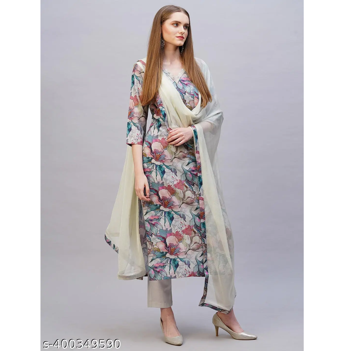 Women's Multicolor Printed Cotton Blend Straight Kurta Pant Dupatta Set
