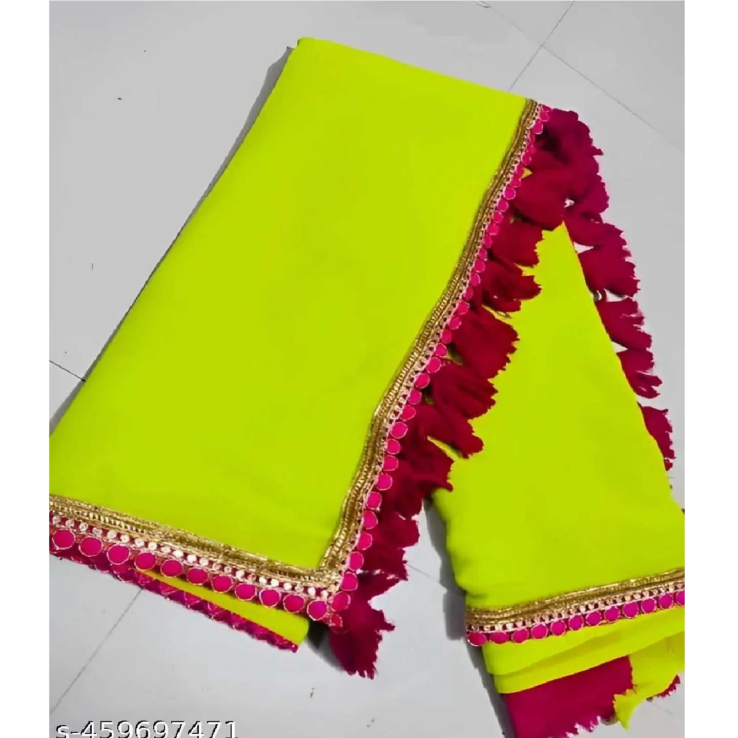 Mint Yellow Solid Georgette Red Lace Saree