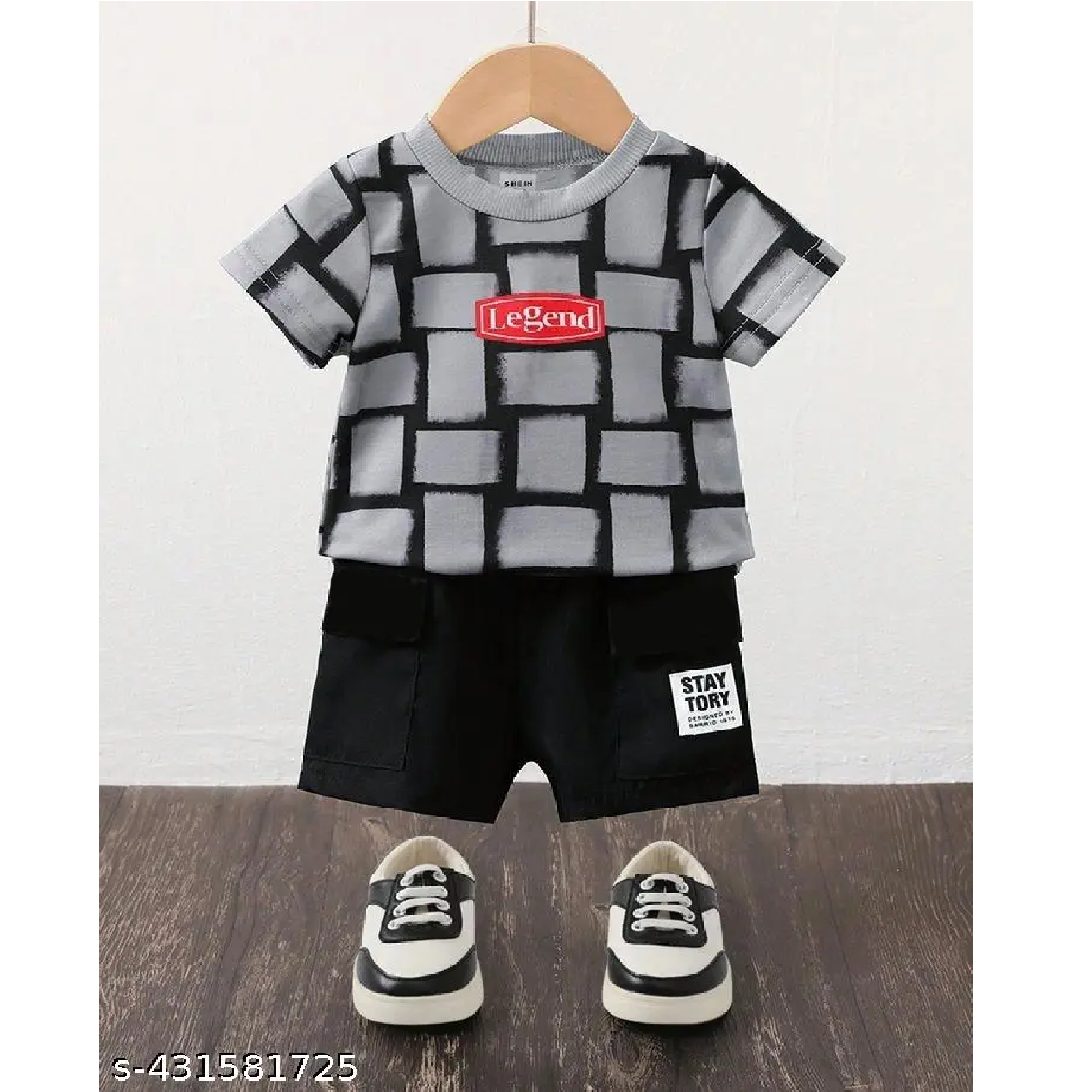 Grey Black Printed Hosiery Cotton T-Shirts & Shorts For Kids