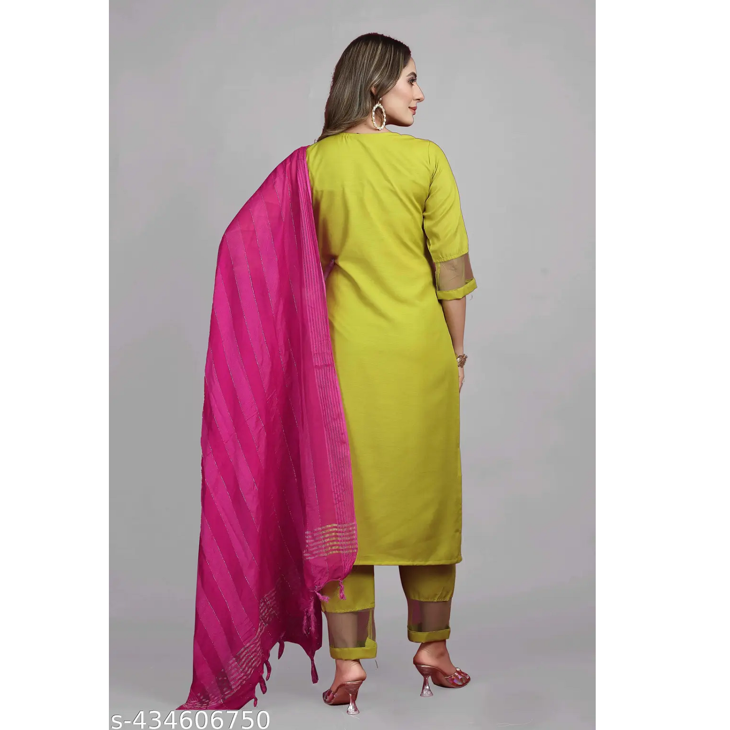 Parrot Yellow Embroidered Rayon Slub Straight Stitched Kurta Pant Dupatta Set