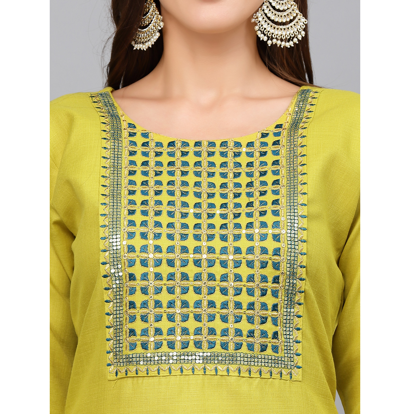 Parrot Green Straight Embroidered Cotton Blend Stitched Kurta Pant Dupatta Set