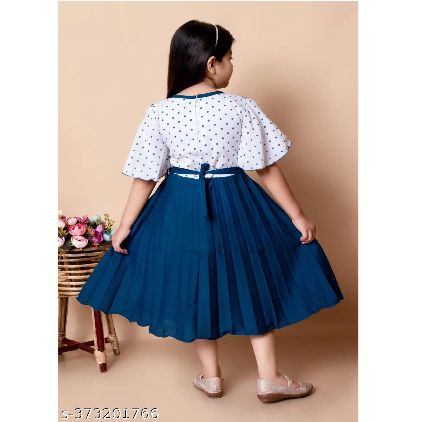 Blue Printed Solid Cotton Blend Baby Girl Frock