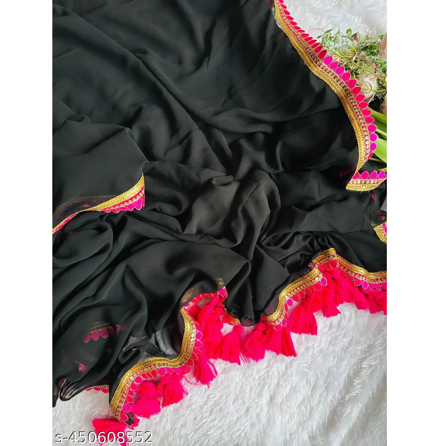 Black Solid Georgette Red Lace Saree