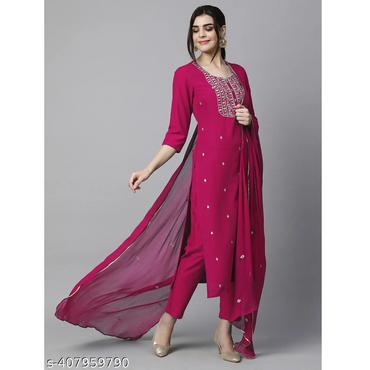 Pink Embroidered Rayon Straight Kurta Pant Dupatta Set