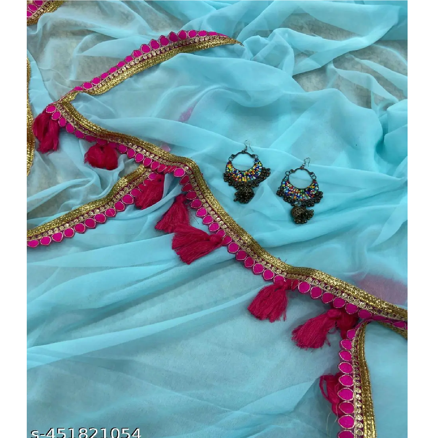 Light Blue Solid Georgette Red Lace Saree