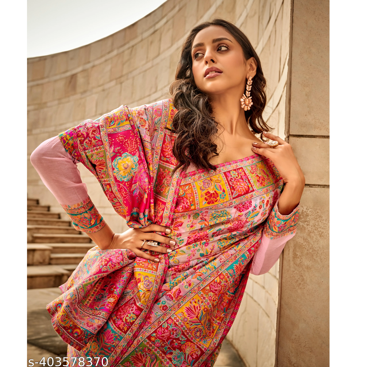Pink Woven Cotton Silk Kashmiri Saree With Blouse