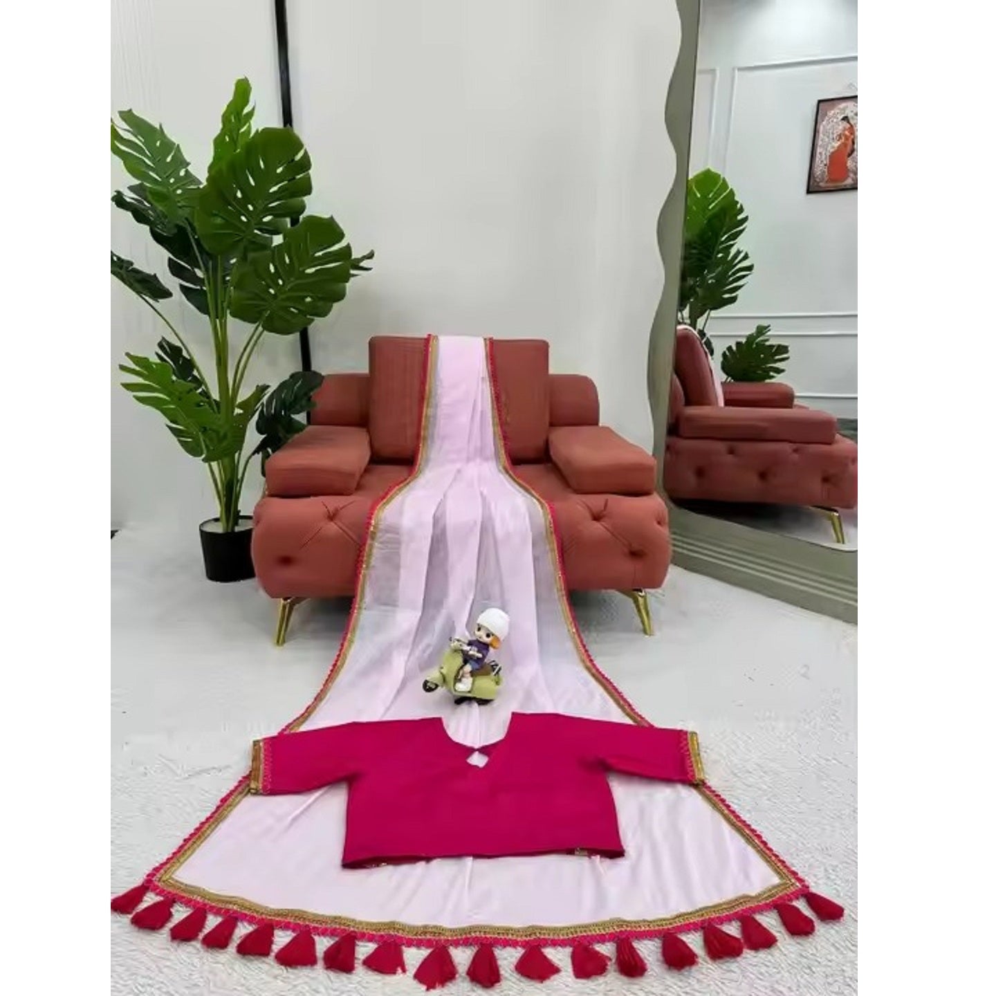 Baby Pink Solid Georgette Red Lace Saree