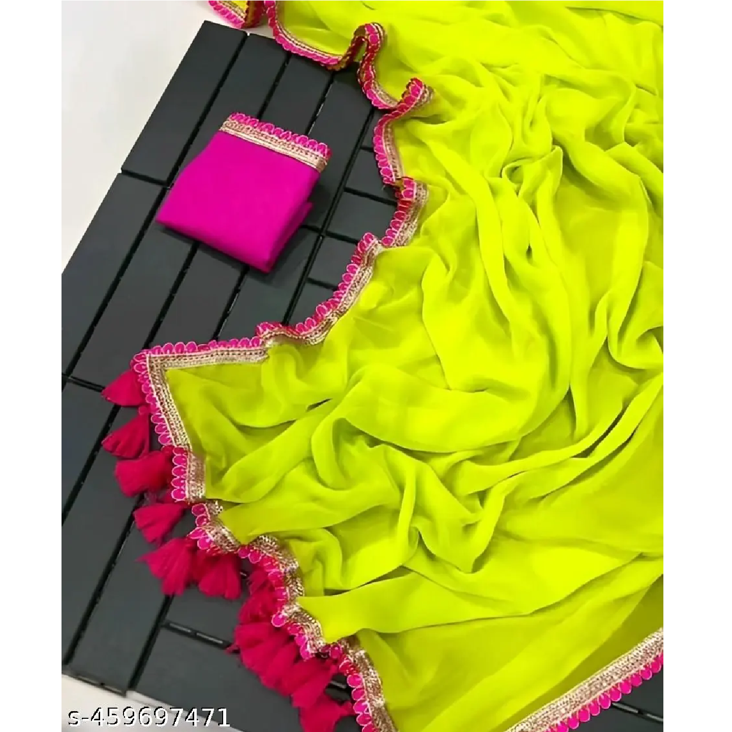 Mint Yellow Solid Georgette Red Lace Saree