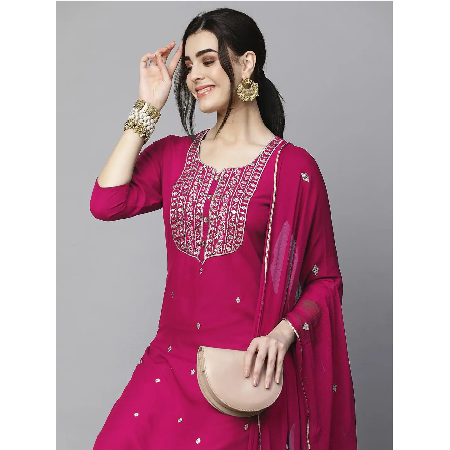 Pink Embroidered Rayon Straight Kurta Pant Dupatta Set