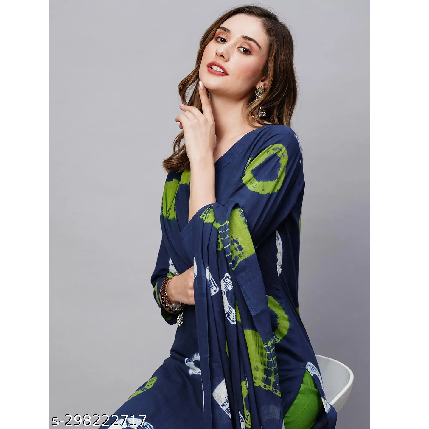 Navy Blue Printed Cotton Blend Straight Kurta Pant Dupatta Set