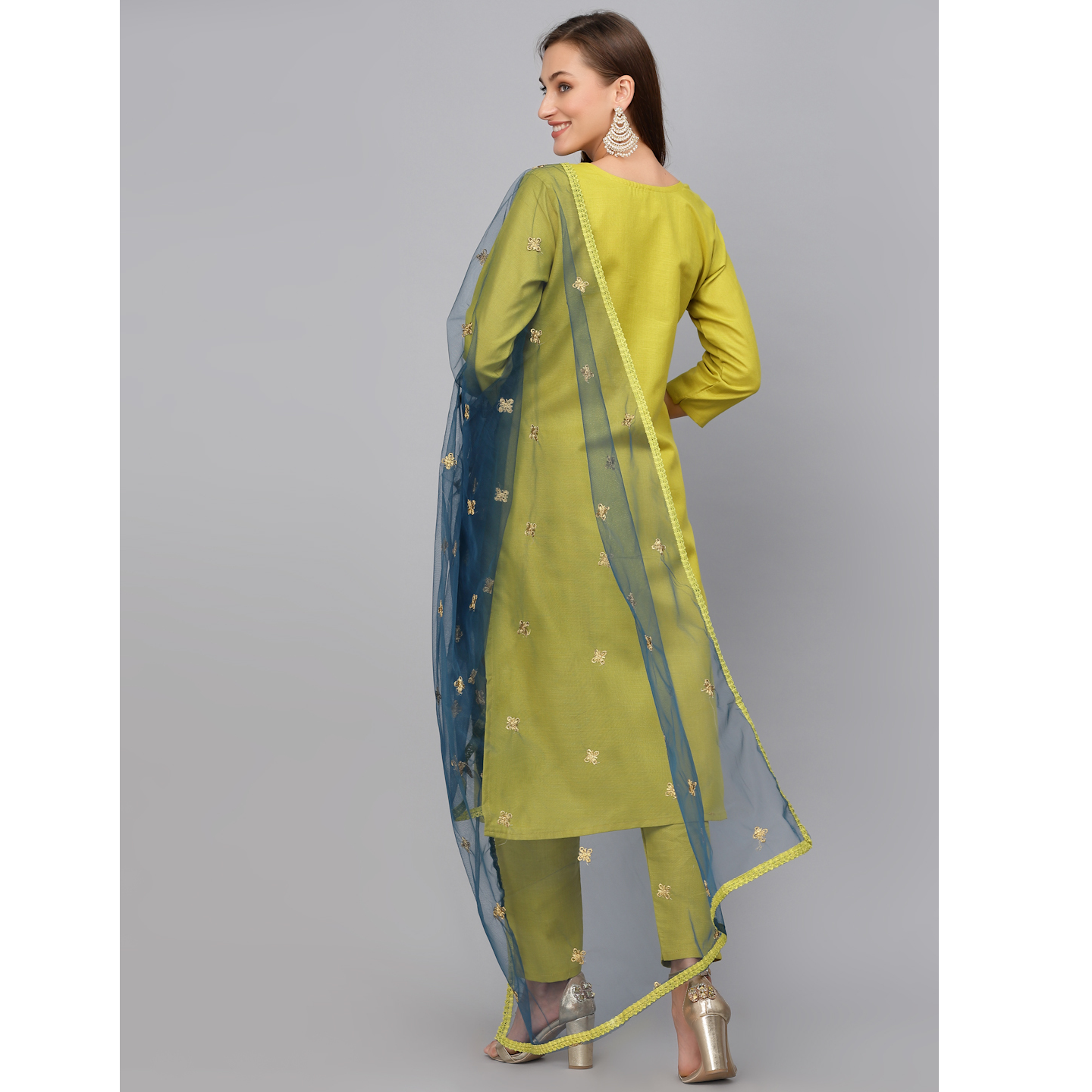Parrot Green Straight Embroidered Cotton Blend Stitched Kurta Pant Dupatta Set