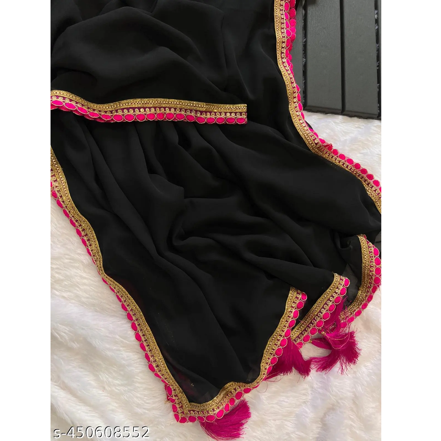Black Solid Georgette Red Lace Saree