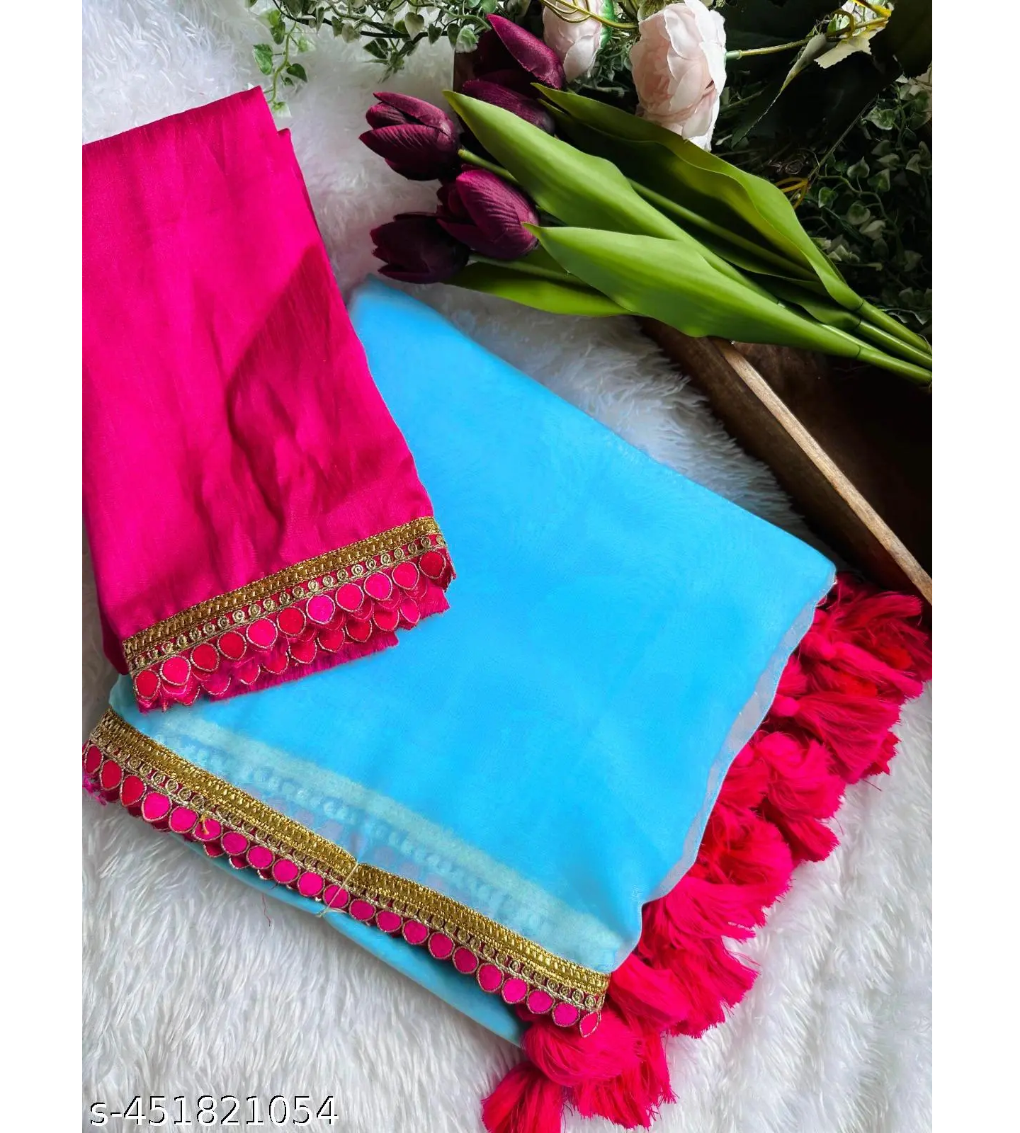 Light Blue Solid Georgette Red Lace Saree