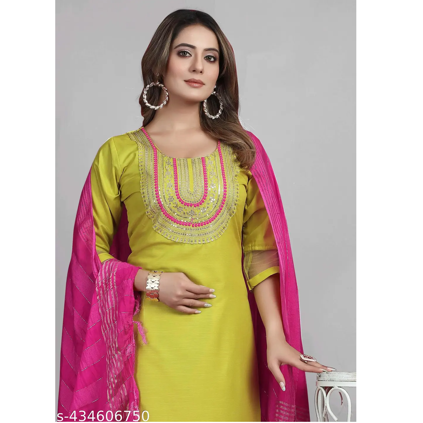 Parrot Yellow Embroidered Rayon Slub Straight Stitched Kurta Pant Dupatta Set