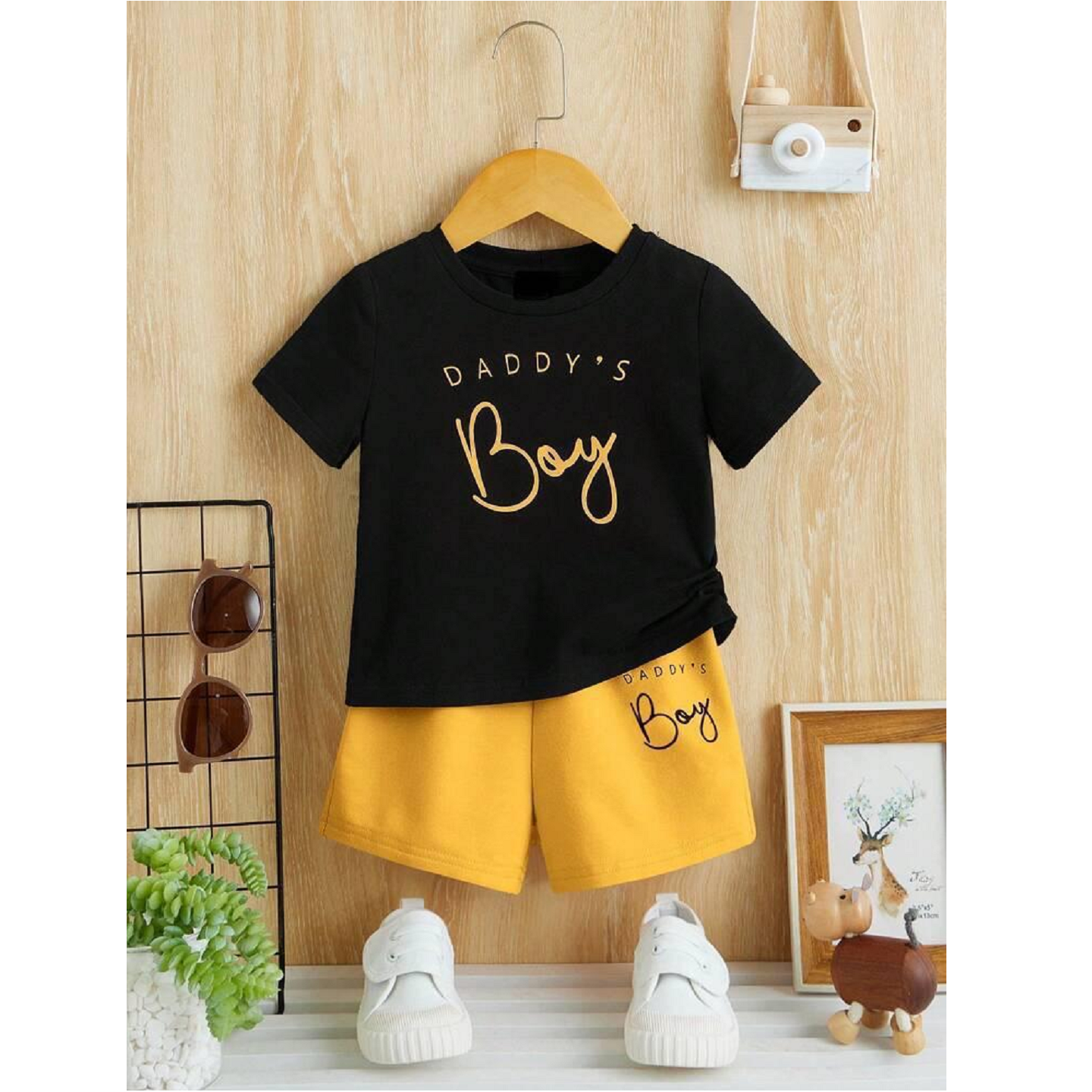 Black Yellow Printed Cotton Hosiery T-Shirts & Shorts For Kids