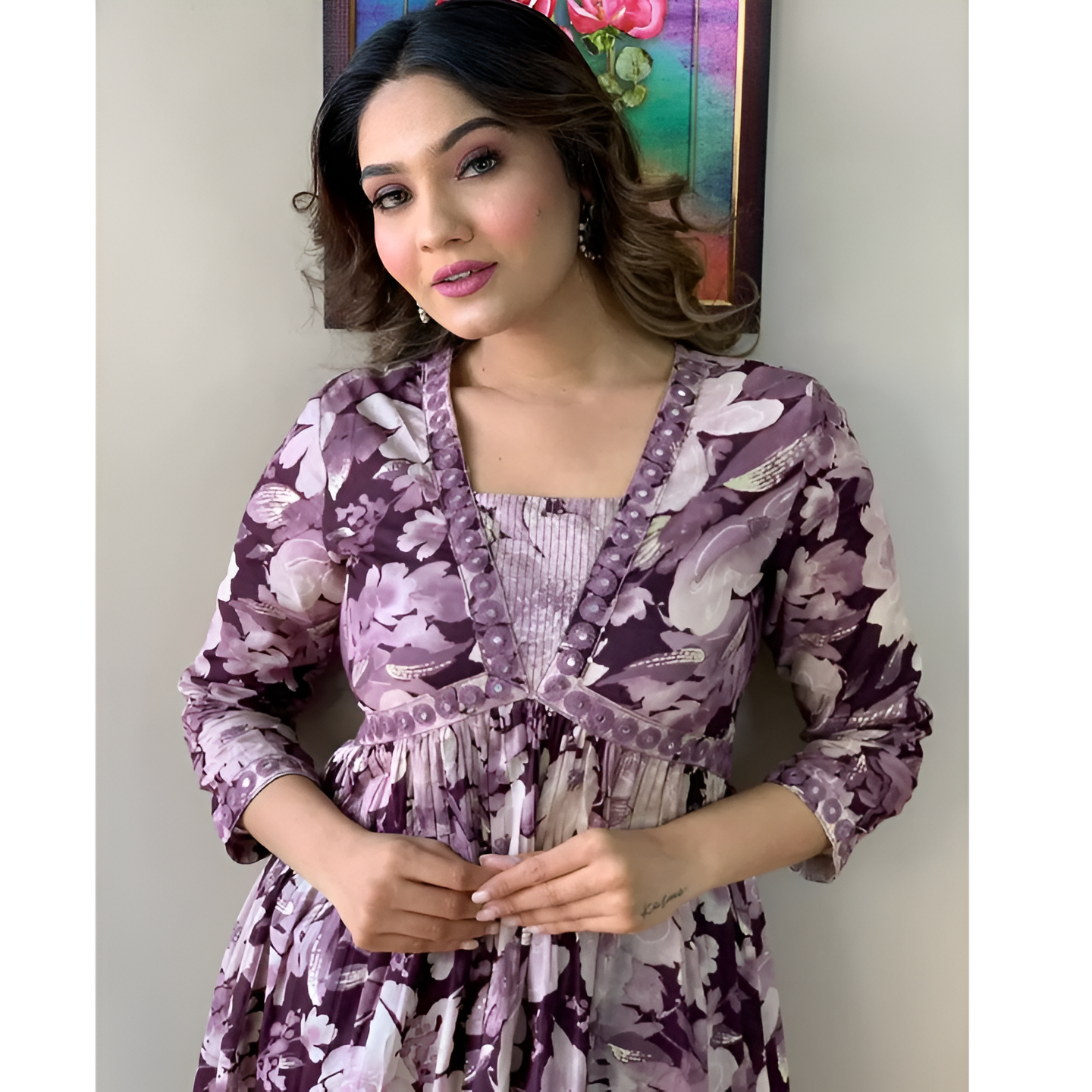 Puple Printed Rayon Aila Cut Kurta Set For Women