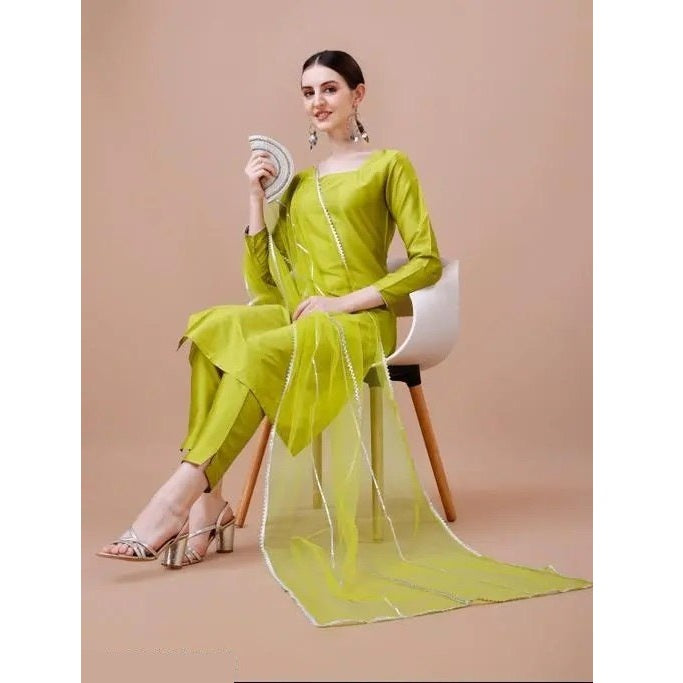 Green Solid Cotton Blend Straight Kurta Pant Dupatta Set