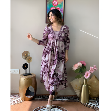 Puple Printed Rayon Aila Cut Kurta Set For Women
