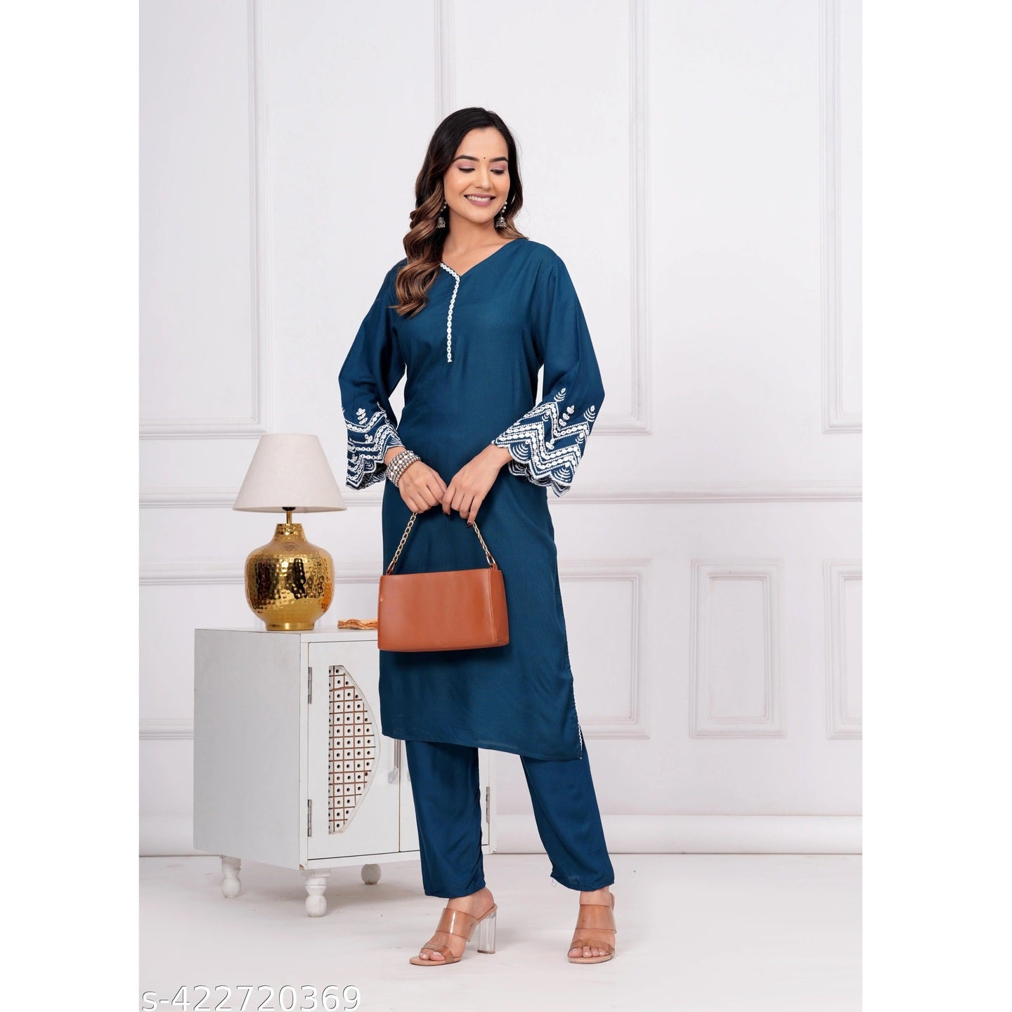 Blue Embroidered Rayon Slub Straight Kurta Set For Women